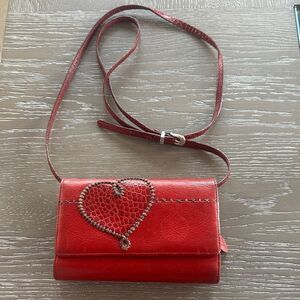 Brighton Red Leather Croc Heart Accent Stitched Crossbody Bag Wallet Organizer